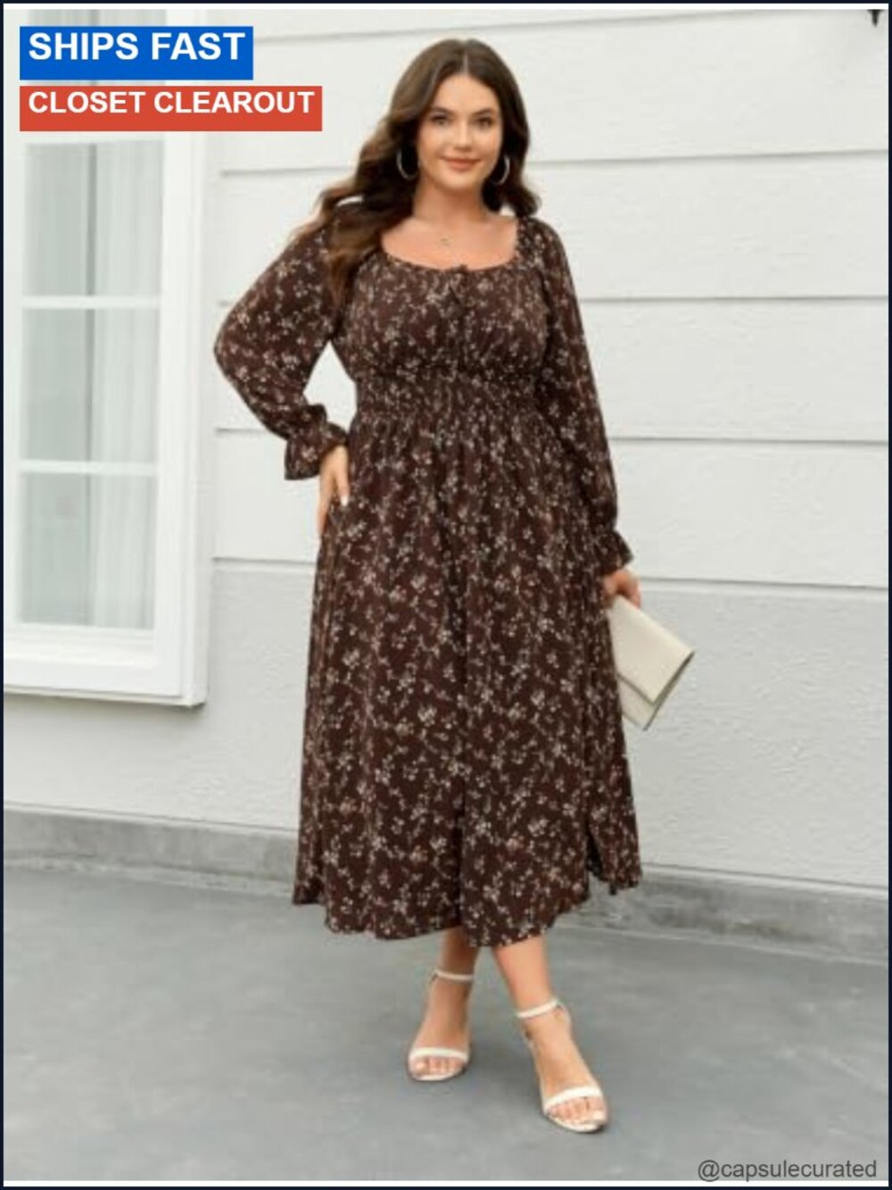 Plus Size Maxi Dress Long Sleeve Smocked Square Neck Floral - Picture 5 of 6